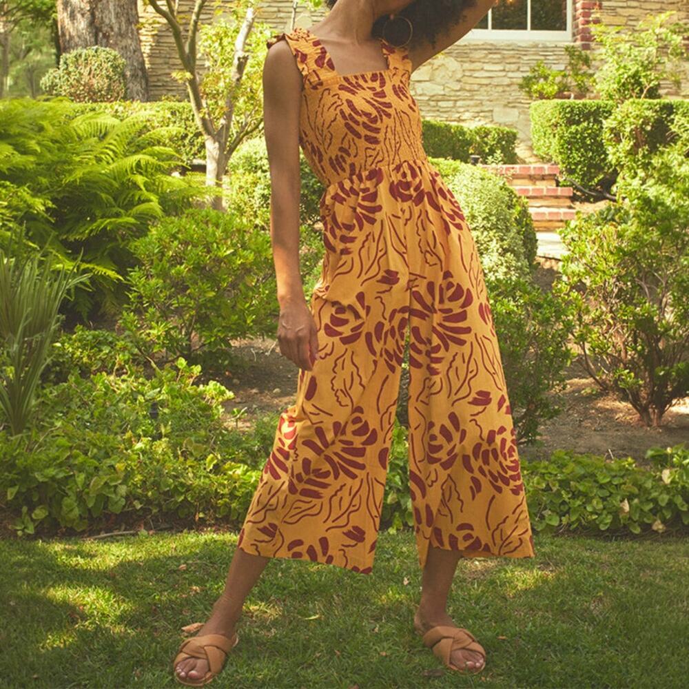 The Odells Cotton Botanical Jumpsuit in Yellow Maroon Size S